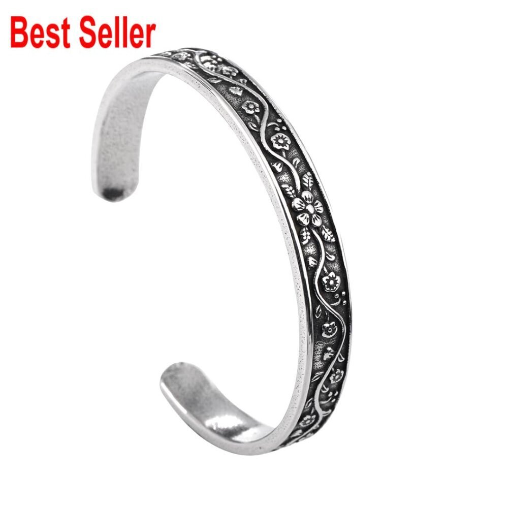 Stainless Steel Vintage Floral Cuff Bracelet for Women